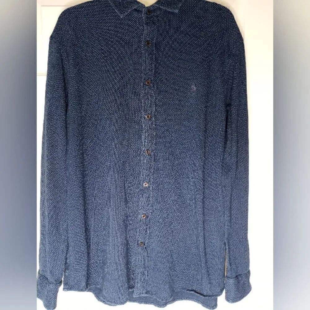Polo Ralph Lauren XL 100%Cotton NavyBlue PolkaDot Stretch Button Up Men's Shirt.